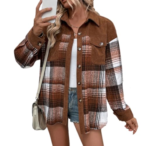 Womens Fashion Corduroy Long Sleeve Shirt Coats Plaid Button Down Blouse Fall Casual Tops with Pockets