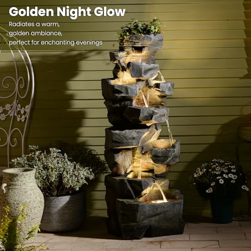 Image of 58Inch Outdoor Garden Water Fountain 6 Tiers Large Cascading Rock Natural Waterfall Outdoor Fountain with LED Lights for Patio Porch Backyard Home Art Decor