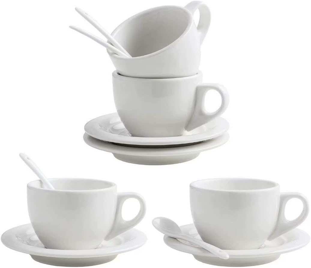 XUFENG8oz Cappuccino Cups Set of 4 with Saucer White Porcelain for Latte, Mocha,Tea Espresso Cafe with Porcelain Spoon