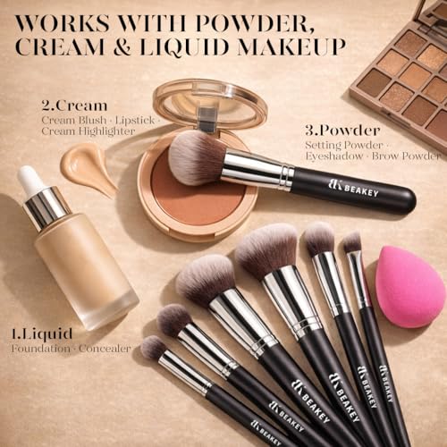 Image of BEAKEY Makeup Brush Set, 13 Pcs with Case, 10 Brushes and 2 Sponges | Soft synthetic brushes, 2 sponges, and standing case for face and eye looks, beginners, travel, and daily makeup