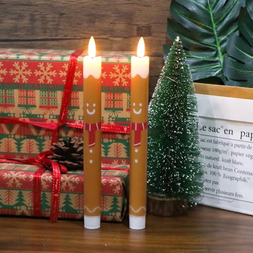 Image of Gingerbread Man LED Flameless Taper Candles, 2 Pack with 6H Timer, 3D Flickering Flame, Plastic, Brown