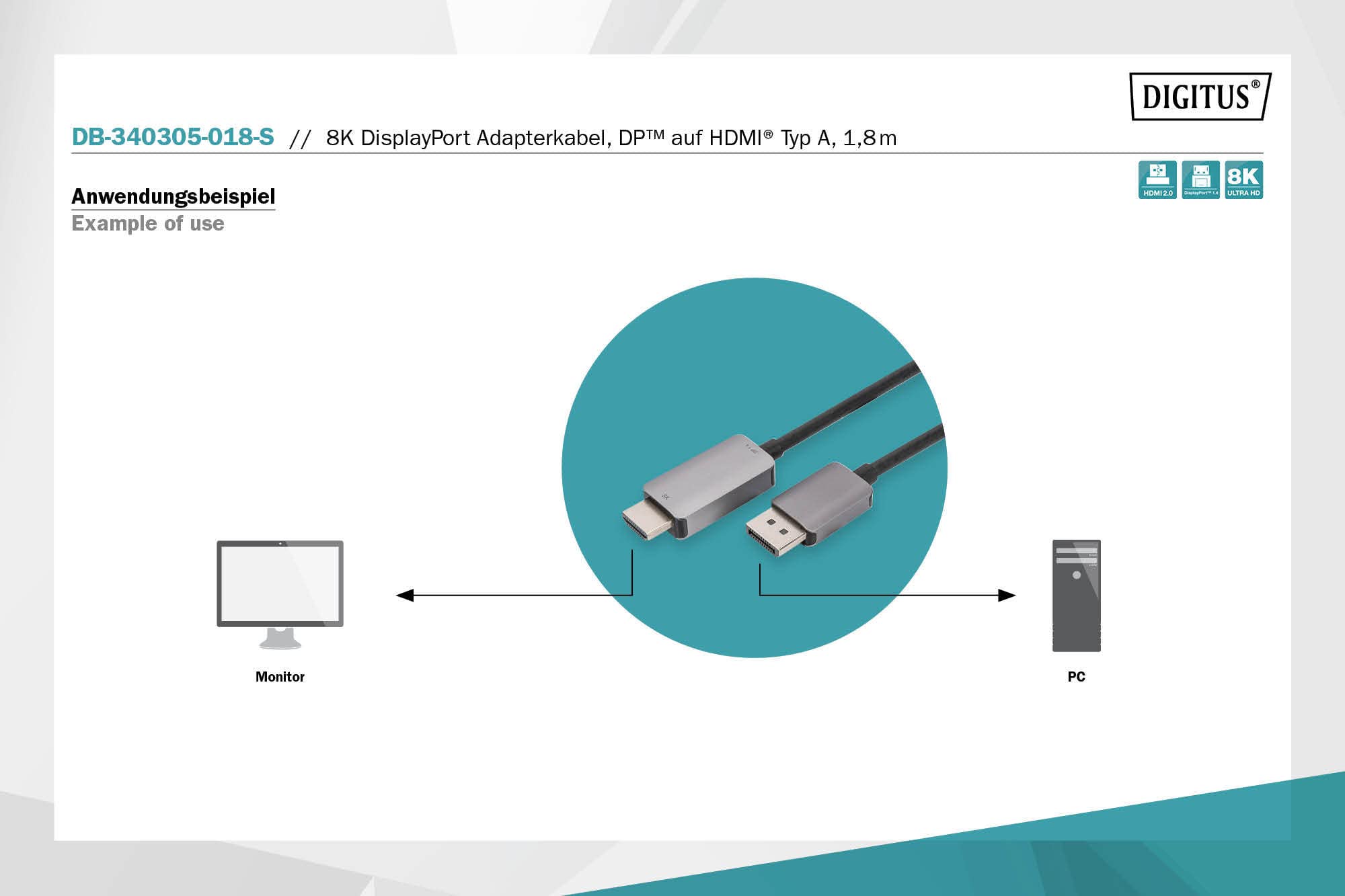 DIGITUS Kabel adapterowy Displayport do HDMI – 1,8m – HDMI 2.1 – Displayport 1.4 – UltraHD 8K/60 Hz – Plug&Play – czarny