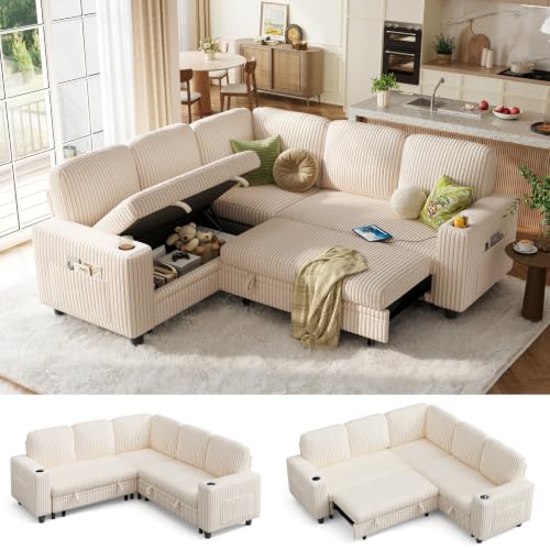 Image of LINSY HOME Pull Out Sofa Bed Sectional Sleeper Sofa with Storage, Plush Corduroy Pullout Modular Sectional Couches for Living Room, L Shaped Convertible Couch Bed for Apartment (Beige)