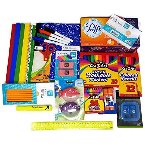 Back to School Supplies Bundle with Tissue, Markers, Pencils, Sharpeners, Crayons, Erasers, Glue Sticks, Earbuds, Paper Folders, Ruler, Ruled Index Cards, Scissors and Notebooks (20 Items) Cover