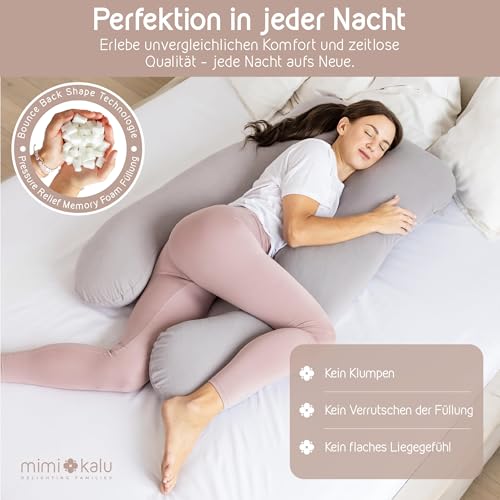 mimi kalu® DAS ORIGINAL Seitenschläferkissen mit Memory Foam [Formstabil] inkl. 100% Soft-Cotton Bezug und Schlafmaske | Schwangerschaftskissen zum Schlafen | Stillkissen | Kuschelkissen
