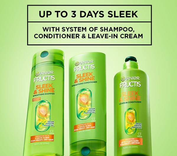 Image of Garnier Fructis Sleek & Shine XL Leave-In Conditioner Cream, Anti-Frizz Hair Treatment with Plant Keratin + Argan Oil, Controls Frizz and Provides Smoothness For Frizzy, Dry Hair, Value, 16.9 Fl Oz