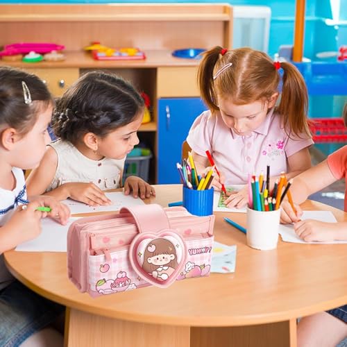 Image of Invite Canvas Kawaii Pencil Case 3 Compartment Cute Aesthetic Pencil Case for Girls Large Capacity Pen Pencil Pouch Multifunctional Stationery Organizer for School Office Kids (Heart shape-Light Pink)