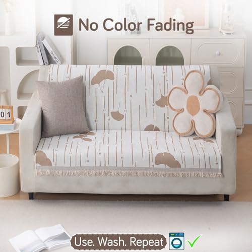 Image of HOKIPO Serene Abode Sofa Cover 2 Seater, 180x120 cm, Beige Ginkgo Lines