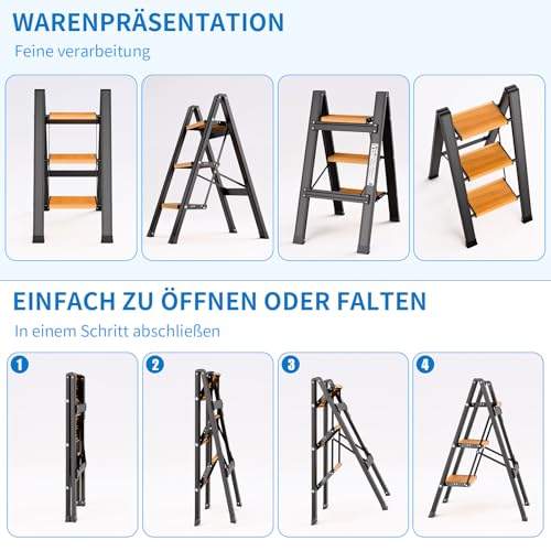 Miniatura 8 de Kulaco Escalera De Tijera Plegable De 3 Peldaños, Escalera Plegable De Aluminio, Escalera Antideslizante Para El Hogar, Escalera De Tijera Ligera Hasta 150 Kg Para El Hogar, La Oficina, El Garaje