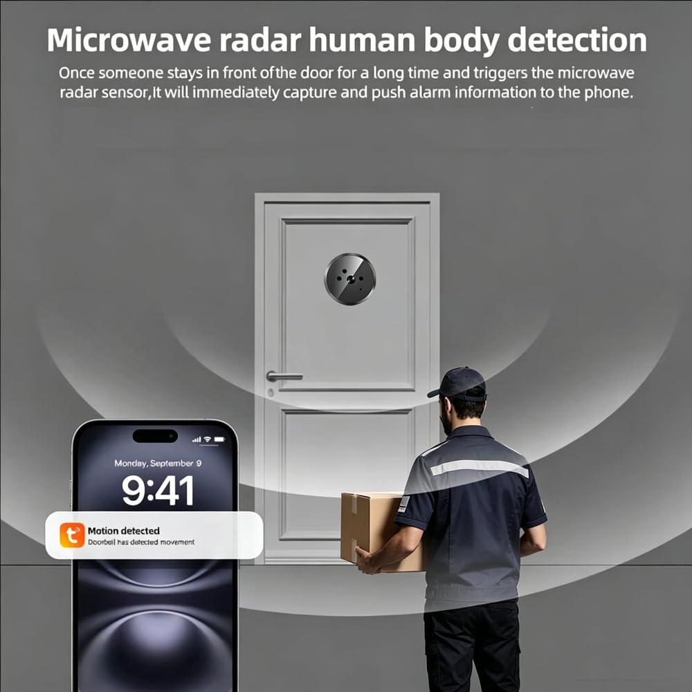Microondas Radar Humano Cuerpo Detección,2K Mirilla Digital Puerta Wifi con MicroSD de 32GB,Video Inalámbrico Cámara con Pantalla de 4.3'', Gran ángulo 140 °, 5000mAh, Visión Nocturna,WiFi 2.4 GHz