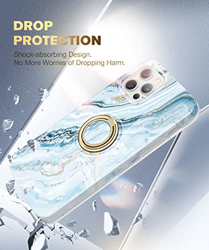 Gviewin For Iphone 12 Pro Max Case 6.7 Inch, Built-In 360° Rotate Ring Stand, Stylish Durable Marble Pattern Shockproof Kickstand Phone Holder Protective Case Cover (Seasalt/Blue) #TOP5