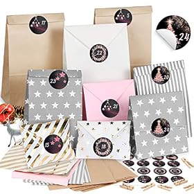 Wishstar 24 pièces Calendrier de l Avent Sac Cadeau, Sac Calendrier de l&rsquo;Avent à Remplir Noël en Papier Kraft, avec 1-24 Chiffres Autocollants – Sacs décoratifs réutilisables (24 pièces)