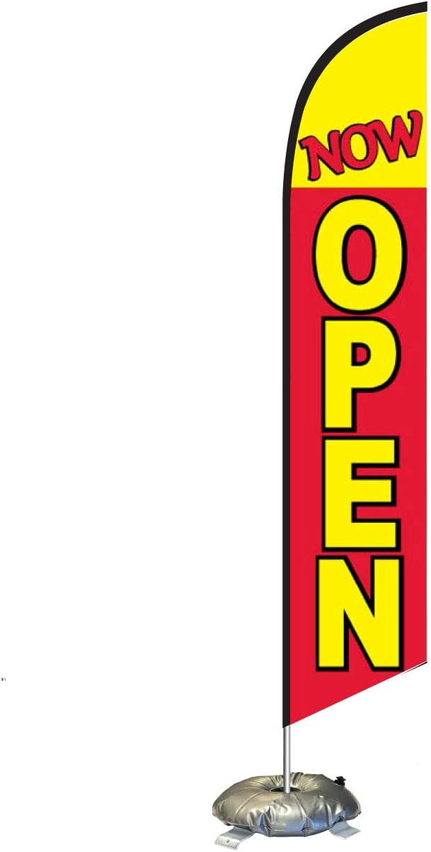 FFN Now Open Feather Flag Kit with Cross-Base and Weight-Donut, Outdoor Advertising Banner Swooper Flag, Red and Yellow