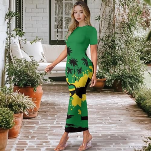 Image of Womens Short Sleeve Jamaican Flag Midi Bodycon Dress