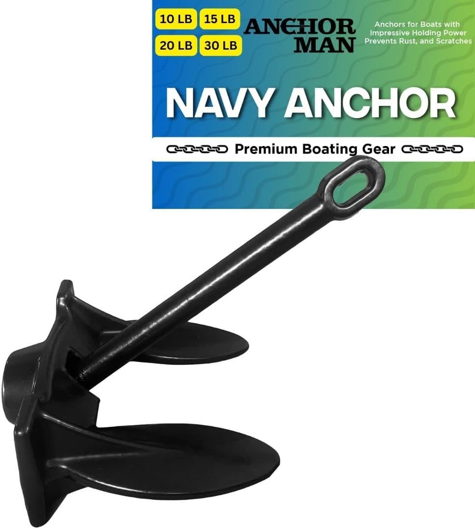 Anchor-Man Navy Anchor (10lb 15lb 20lb 30lb) – Black Vinyl Coated Naval Anchors for Boats with Impressive Holding Power – Prevents Rust, and Scratches
