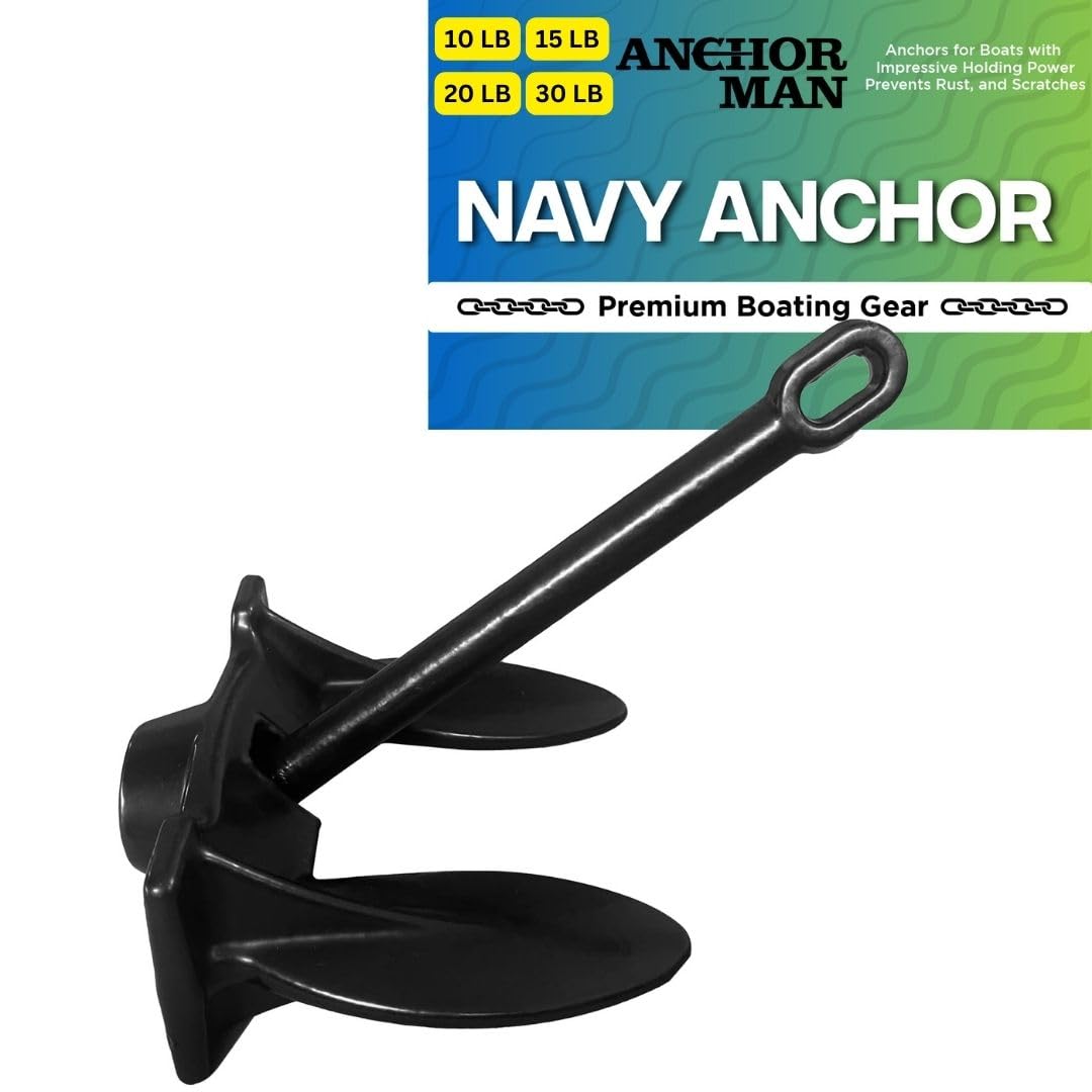 Anchor-Man Navy Anchor (10lb 15lb 20lb 30lb) – Black Vinyl Coated Naval Anchors for Boats with Impressive Holding Power - Prevents Rust, and Scratches