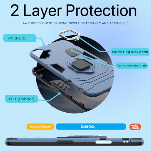 Image of Pikkme D5 Tough Armor Back Cover | 360 Protection Case | Ring Holder Stand Bumper Case for iPhone 16 (Blue)