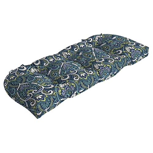 Image of Arden Outdoor Wicker Settee Cushion, 41.5 x 18, Rain-Proof, Fade Resistant Sapphire Aurora Blue Damask