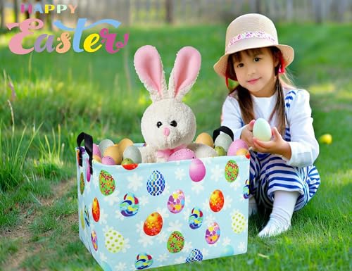 Image of Rectangle Empty Easter Baskets Boy Large Toy Storage Bin Girls collapsible Hamper Waterproof Canvas Box Kid Gifts Spring Decor( Blue Creative Egg )