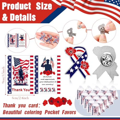 Image of Tondiamo Patriotic Veterans Poppy Lapel Pins Gift Bulk with Memorial Day Thank You Cards Flower Brooch Badge Soldier Souvenir