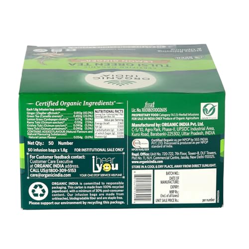 Image of ORGANIC INDIA Tulsi Green Tea Lemon Ginger 50 Teabags (Pack of 3)