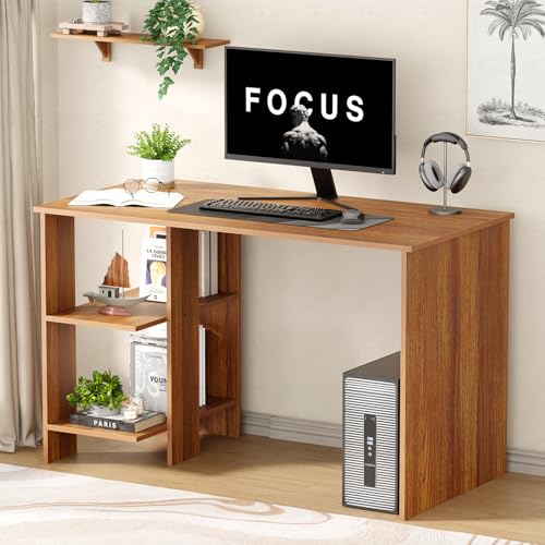 Image of Lukzer Engineered Wood Computer Desk with One Tier Shelves Laptop Study Table for Office Home Workstation Writing Modern Desk (ST-007 / Oak Brown / 100 x 50 x 77 cm)
