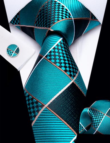 Image of YourTies Striped Plaid Ties for Men Silk Formal Necktie Set | 3.15 inch(8cm) Woven Jacquard Mens Ties with Necktie Pocket Square Cufflink Tie Clip Lapel Pin for Wedding Business Party