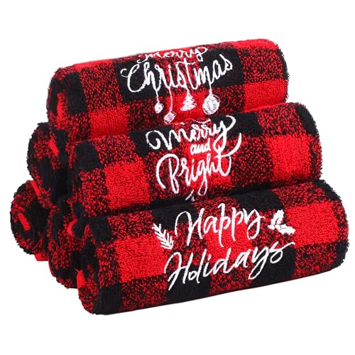 MCEAST 6 Pack Christmas Hand Towels 18 x 14 Inches Red and Black Buffalo Plaid Christmas Soft Washcloths Pure Cotton Towels for Bathroom Kitchen Home and Xmas Decoration