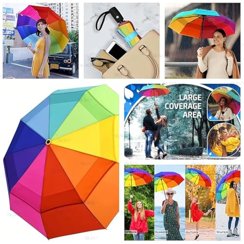 Image of Rainbow Umbrella 3 Fold | Auto Open & Close | Wind & Rain Resistant Travel Umbrella for Men, Women, Kids, Boys & Girls - Compact & Colorful