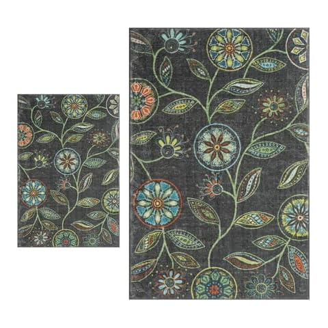 PAGISOFE 4x6 and 2x3 Boho Area Rug, Washable Living Room Bedroom Rug, Soft Non Slip Kitchen Rugs and Mats with Rubber Backing, Indoor Dining Nursery Playroom Home Office Bedside Carpet, Green/Multi Cover