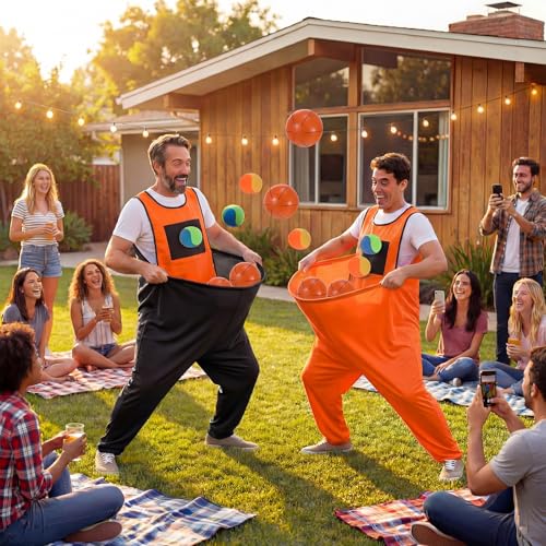 2-in-1 Granny Pants Yard Game Set, Oversized Pants & Sticky Vests Combo with 20 Balls & Pump, Outdoor Tossing Game for Adults Family Party Backyard Lawn Fun(M,Basketball,Orange and Black) - image 2