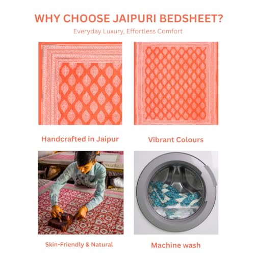 Image of JAIPUR PRINTS 100% Cotton Bedsheet for Double Size Bed bedsheets Rajasthani Jaipuri Printed Double Size Bedsheet with 2 Pillow Cover / 90x100 inch / 235x215 cm / (Orange)