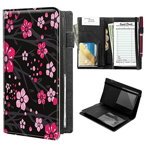 High Volume Server Books, Pink Sakuras Server Book w/ 2 Expandable Pockets 9 x 5 Cute Waitress Book Zipper Pocket & Strap Closure Waitstaff Organizer Server Booklet Waiter Money Wallet