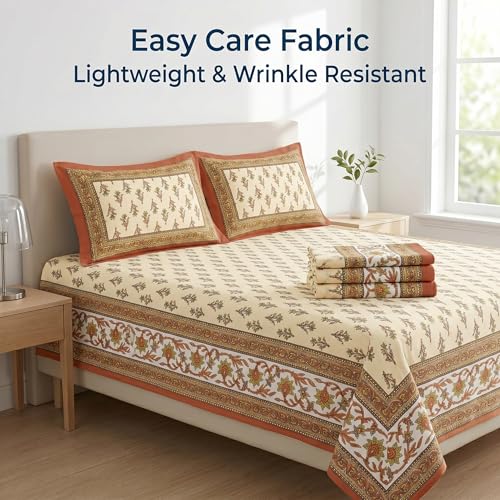 Image of Mafatlal 144 TC Heritage 100% Cotton Rajasthani Jaipuri Traditional Floral King Size Queen Bedsheet with 2 Pillow Covers (90x108 inches) - Copper Orange