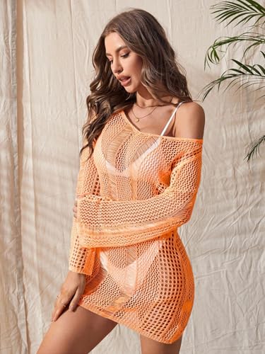 Image of Floerns Women's Crochet Cover Up Long Sleeve Hollow Out Bikini Swimsuit Beach Cover Up Swimwear