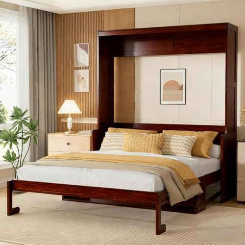 PVWIIK Queen Size Murphy Bed with Storage Shelf & Support Plate for Adult,Girls,Boys,Wood Hidden Wall Bed Cabinet,Space-Saving,No Box Spring Needed, White