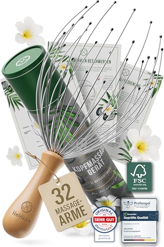 HELDSON® Premium Kopfmassage Spinne 32 Finger - FSC®100% - Kopfmassagegerät - Kopfkrauler Kopf Massage & Haarmassage - Kopfhaut Massagegerät - Head Massager - Kopfkratzer - Wellness Geschenk