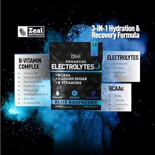 Image of Enhanced Electrolyte Powder Stick Packs (Blue Raspberry | 20 Packets) w / 0 Sugar +BCAAs +B-Vitamins Electrolyte Supplement w Potassium Zinc & Magnesium for Hydration - Keto Electrolytes