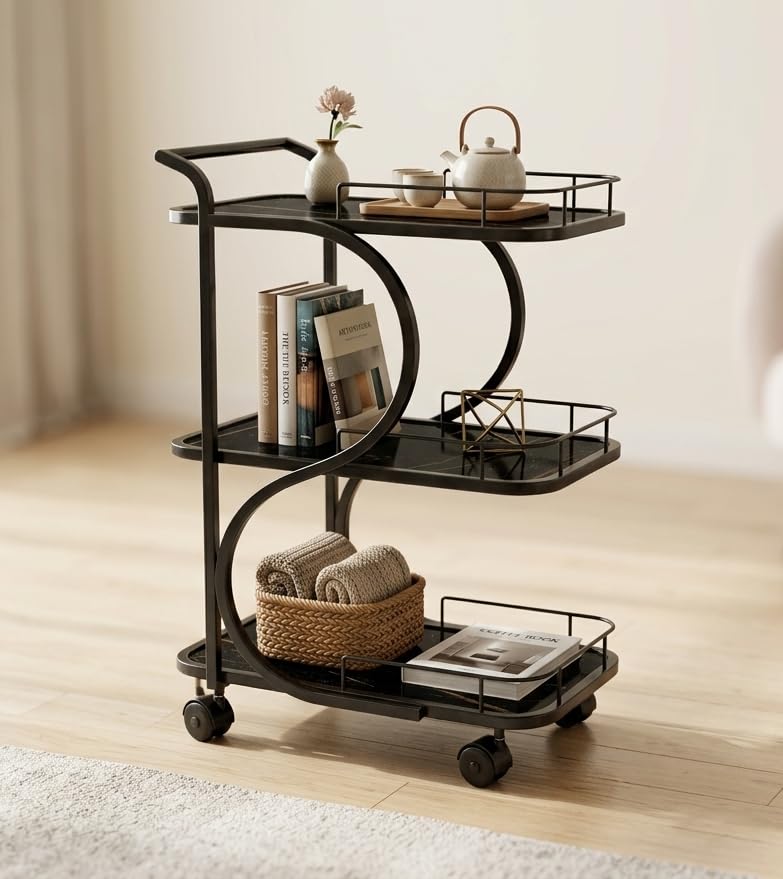 Image of Serving Trolley with Wheels for Home, Tea Food Drinks Serving Kitchen Trolley Restaurant, Hotels,Dining Room bar cart with Wheels (Full-Black)