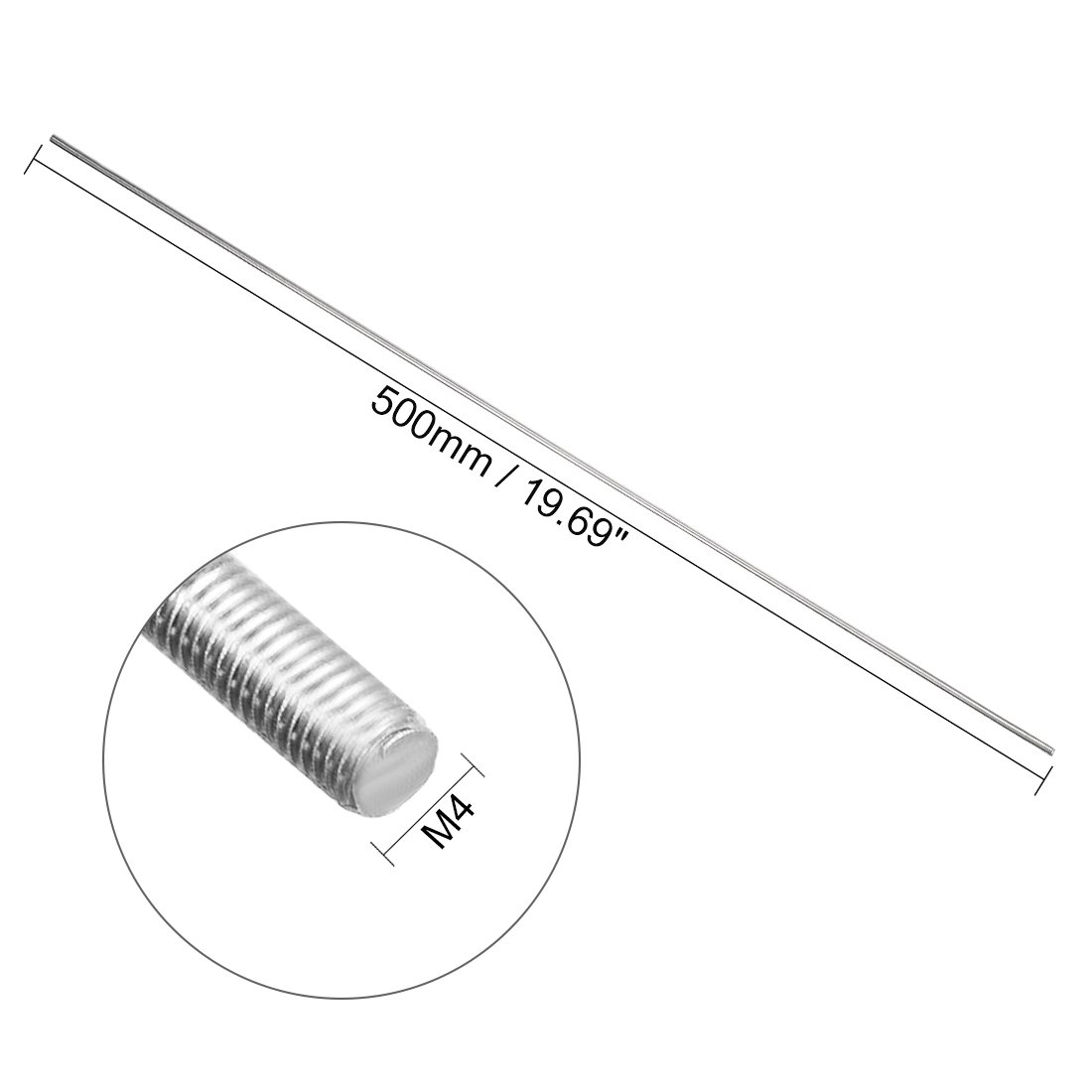 uxcell M4 x 500mm Fully Threaded Rod, 304 Stainless Steel, Right Hand Threads