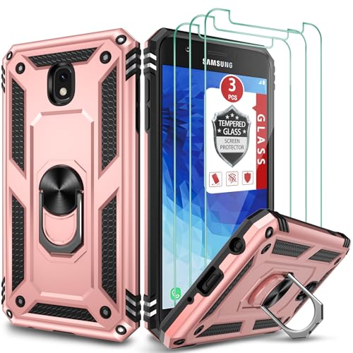 for Galaxy J7 2018/J7 V/J7 Star/J7 Refine 2018 Case, with [3X Tempered Glass Screen Protector], Built-in Ring Kickstand and Magnetic Car Mount Shockproof Dropproof Cover for Galaxy J7 (2018)-Rose Gold