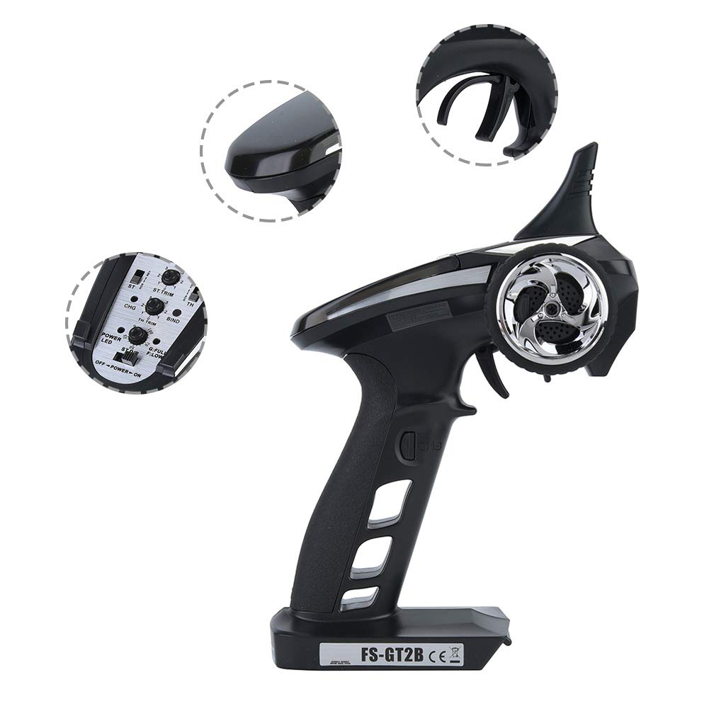 Pilipane Transmisor y Receptor Flysky FS GT2B 2.4G 3CH LED de Alta sensibilidad, antiinterferencias, Control Remoto para Coches y Barcos RC, Color Negro, 158 mm