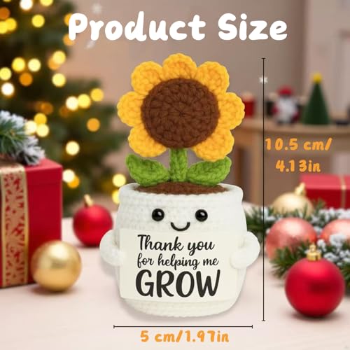 Image of BendJoy Crochet Sunflower Pot with Thank You Card for Women | 7 Petals Crochet Flower for Home, Office Desk & Car Dashboard Decor
