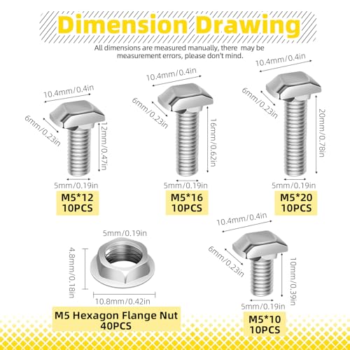 Image of 40 Sets M5 T Slot Drop-in Bolt, M5 x 10 /12 / 16 / 20mm Hammer Head T-Slot Drop-in Stud Sliding Bolt Screw with Flange Nut for European Standard 20 Series Aluminum Profile