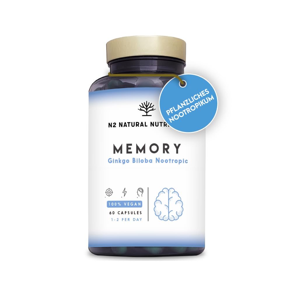 Nootropic - Ginko Biloba für Konzentration. Folsäure, Reishi, Bacopa Bonnieri. Brain Booster | Koffein. Vit b12, B6 zur normalen psychologischen Funktion beitragen.60Vegan Kapseln N2 Natural Nutrition