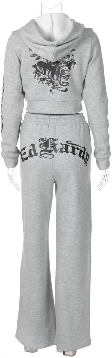 Women 2 Piece Outfits Hoodie Sweatpants Set Zipper Prints Long Sleeve Drawstring Pants Sports Casual Suit