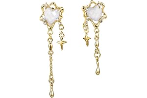Gold Goth Earrings with Aesthetic Silver Glitter Flower Tassels and Heart Charm