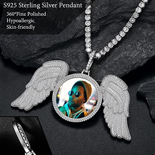 Big Angel Wings Photo Necklaces Picture Charm With Diamond Pendant With Memorial Image 925 Sterling Silver Chain Necklace Gift For Women Man Boys Girls Photo Necklace Customized With 24In Tennis Chain #TOP1