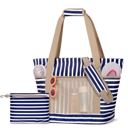 Fasrom Beach Bag for Women with Zipper, Waterproof Beach Tote with Wet Dry Compartment and Small Pouch for Pool, Swim, Travel