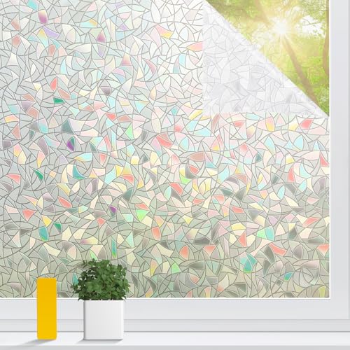 Amrules Rainbow Window Privacy Film Non-Adhesive Sun Blocking Reusable and Removable Glass Film Door Coverings for Bathroom, Home, Office, 17.5 x 78.7 Inch